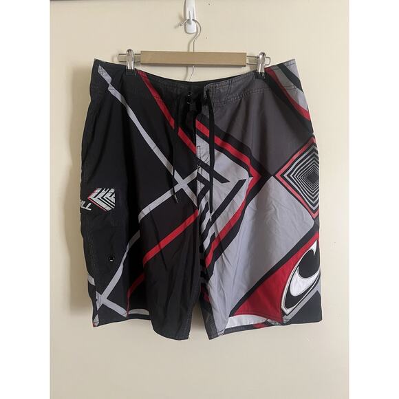 Vintage Y2K Oneill Black Silver Red Striped Surf Board Shorts Size 38 - Picture 1 of 7